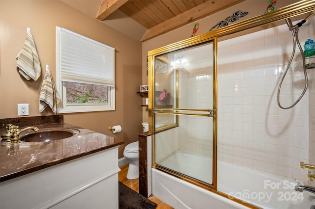 full bathroom with vanity, shower / bath combination with glass door, wooden ceiling, hardwood / wood-style floors, and toilet