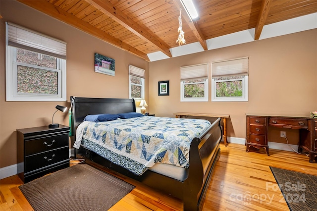 bedroom featuring beam ceiling, wooden ceiling, and hardwood / wood-style flooring