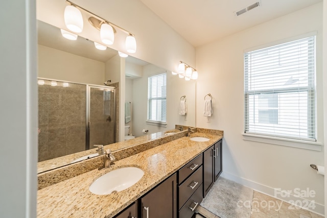 bathroom with plenty of natural light, vanity, a shower with door, and toilet