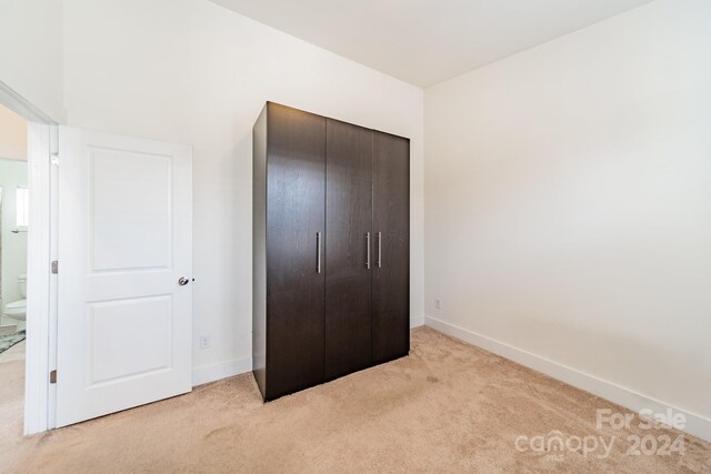 unfurnished bedroom with light colored carpet and a closet