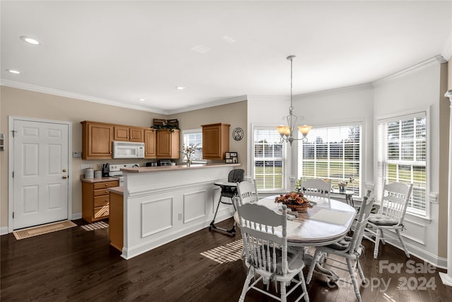 dining space with crown molding, dark hardwood / wood-style floors, and a notable chandelier