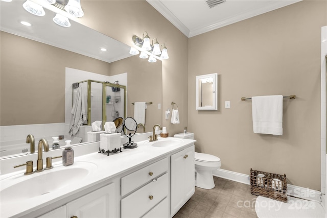 bathroom with crown molding, vanity, an enclosed shower, and toilet