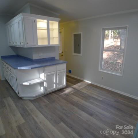 kitchen featuring white cabinets, lofted ceiling, crown molding, and dark wood-type flooring