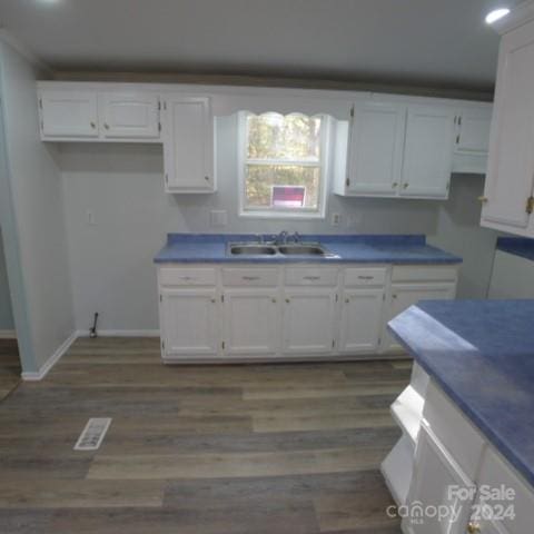 kitchen featuring dark hardwood / wood-style floors, white cabinetry, and sink