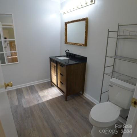 bathroom with hardwood / wood-style floors, vanity, and toilet