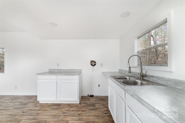 kitchen with white cabinets, hardwood / wood-style floors, and sink