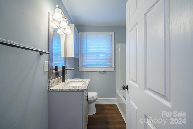 bathroom featuring toilet, vanity, and hardwood / wood-style flooring