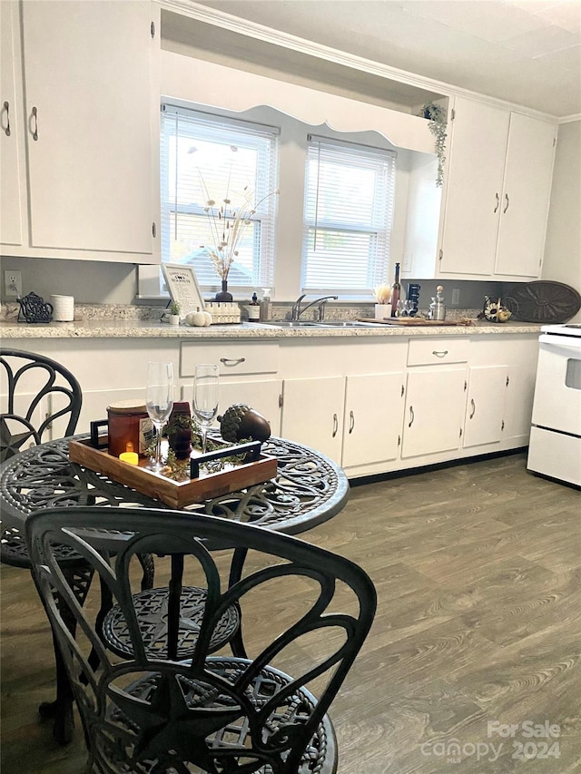 kitchen with white cabinets, sink, white electric stove, and dark wood-type flooring