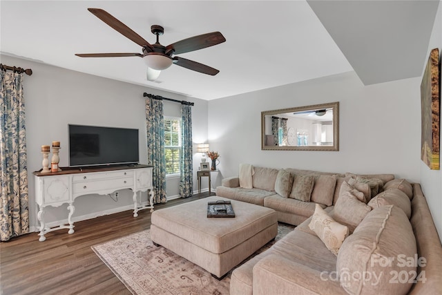 2559 Cypress Oak Ln, Gastonia, NC 28056 - living room featuring a ceiling fan, wood finished floors, and baseboards