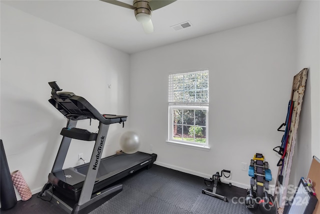 workout area with ceiling fan