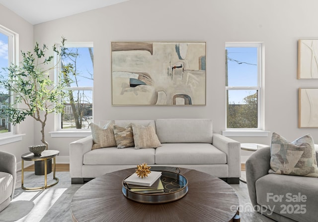 living room featuring hardwood / wood-style floors, vaulted ceiling, and a healthy amount of sunlight