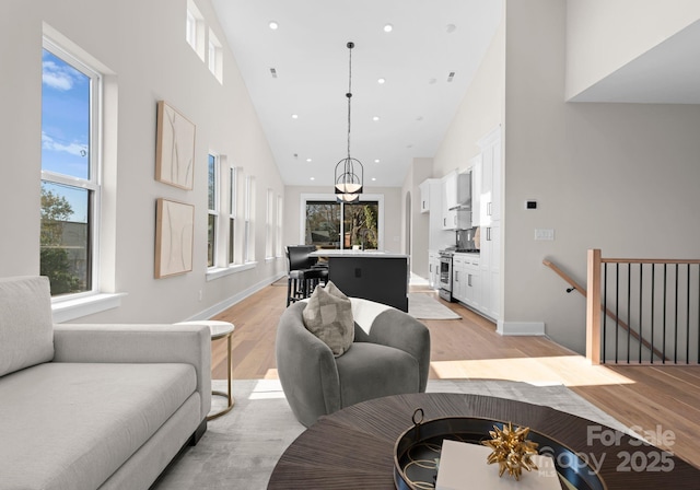 living room with light hardwood / wood-style floors and high vaulted ceiling