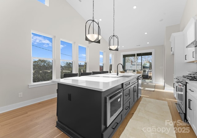 kitchen with appliances with stainless steel finishes, white cabinets, hanging light fixtures, a kitchen island with sink, and a healthy amount of sunlight