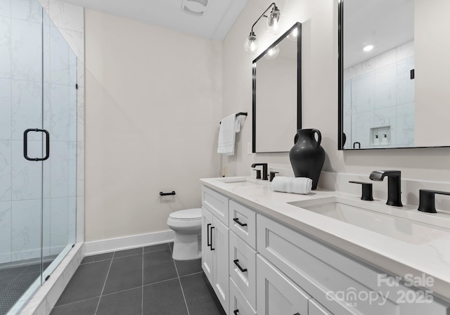 bathroom with toilet, vanity, tile patterned floors, and walk in shower