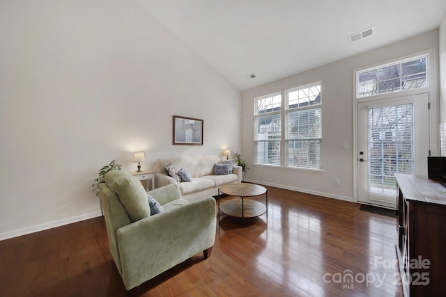 living room featuring high vaulted ceiling and dark wood-type flooring