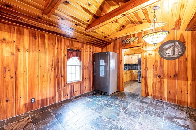 interior space with lofted ceiling with beams, wood walls, and wood ceiling