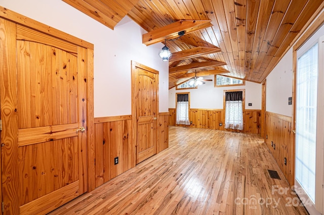 interior space with ceiling fan, lofted ceiling with beams, wood walls, light hardwood / wood-style floors, and wood ceiling