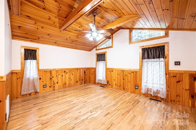 unfurnished room with hardwood / wood-style floors, ceiling fan, lofted ceiling with beams, and wood ceiling