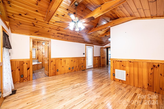 spare room with wood ceiling, ceiling fan, wooden walls, lofted ceiling with beams, and light hardwood / wood-style flooring