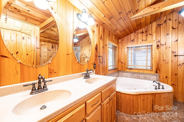 bathroom with lofted ceiling with beams, wooden walls, and wooden ceiling