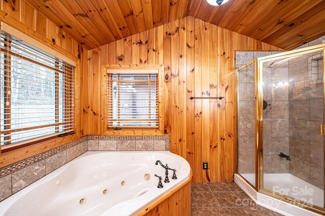 bathroom featuring wooden walls, plenty of natural light, lofted ceiling, and wood ceiling