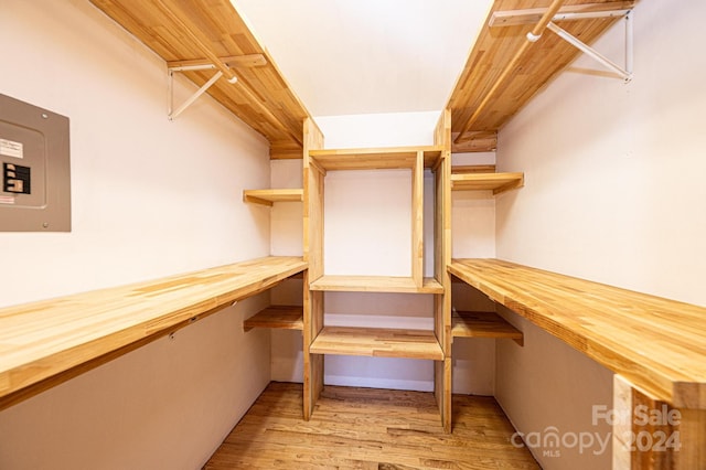 walk in closet featuring light hardwood / wood-style floors and electric panel