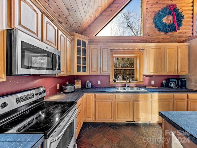 kitchen with sink, wood ceiling, lofted ceiling, and appliances with stainless steel finishes