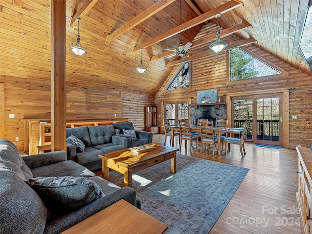 living room featuring beam ceiling, ceiling fan, wooden ceiling, high vaulted ceiling, and hardwood / wood-style flooring