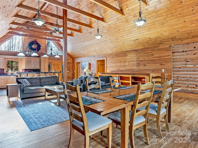 dining area with light hardwood / wood-style flooring, high vaulted ceiling, wooden ceiling, and beamed ceiling