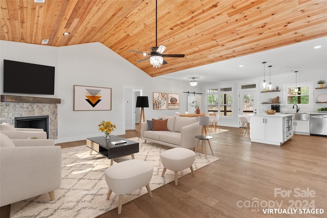 living room featuring light wood-type flooring, ceiling fan, sink, high vaulted ceiling, and wooden ceiling