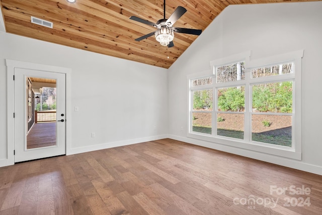 unfurnished room with light hardwood / wood-style floors, high vaulted ceiling, a wealth of natural light, and wood ceiling