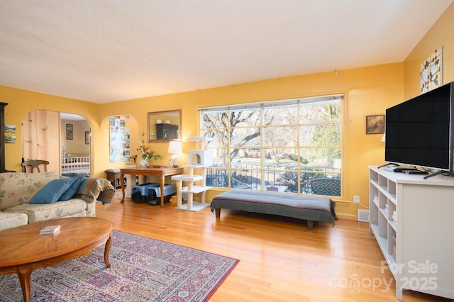 living room with hardwood / wood-style flooring and a textured ceiling