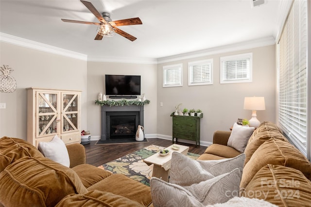 living room featuring crown molding, plenty of natural light, dark wood-type flooring, and ceiling fan