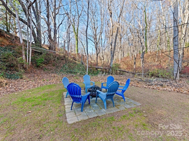 view of yard featuring a patio area and an outdoor fire pit