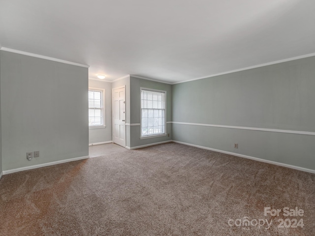 unfurnished room with light carpet and ornamental molding