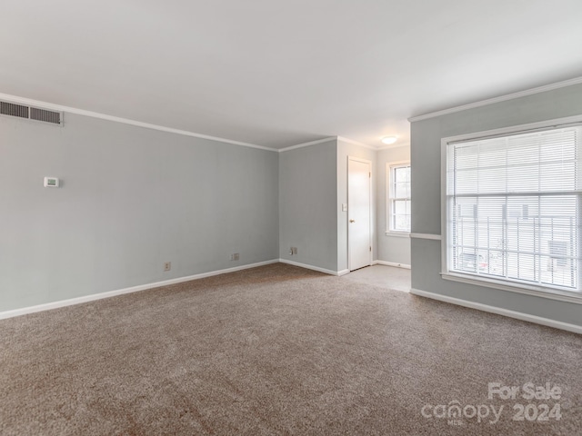 carpeted spare room with crown molding