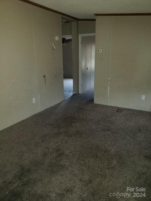 empty room featuring carpet flooring, a textured ceiling, and crown molding