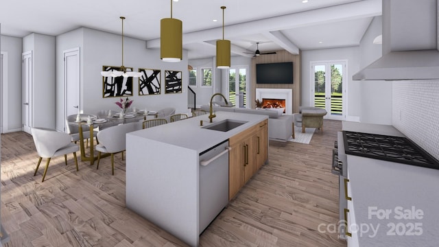 kitchen with light wood-style flooring, a large fireplace, a sink, dishwasher, and wall chimney exhaust hood