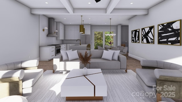 living room with recessed lighting, beamed ceiling, and light wood finished floors