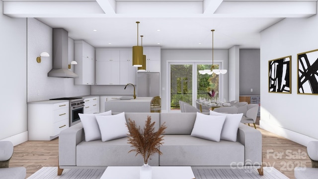 living room featuring a chandelier, recessed lighting, and light wood-style floors