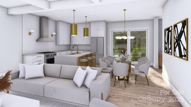 living room with light wood-type flooring, a notable chandelier, baseboards, and recessed lighting