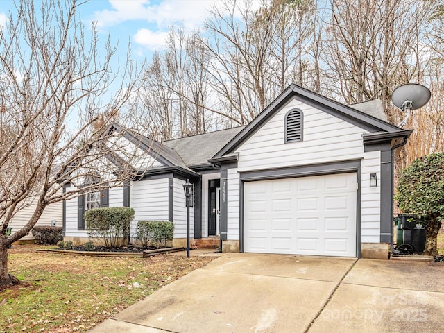 single story home with a garage and central air condition unit