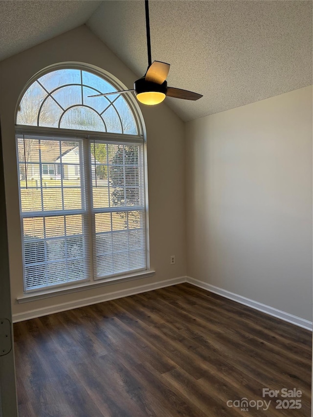 empty room featuring a textured ceiling, vaulted ceiling, and dark wood-type flooring