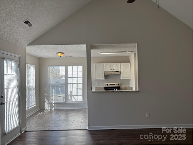 interior space with light stone counters, light hardwood / wood-style flooring, lofted ceiling, electric stove, and white cabinets