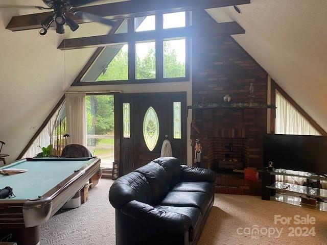 rec room with carpet, ceiling fan, high vaulted ceiling, and billiards