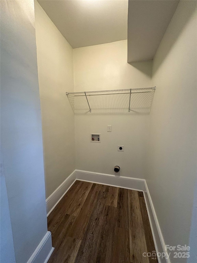 washroom with baseboards, laundry area, hookup for a washing machine, wood finished floors, and hookup for an electric dryer