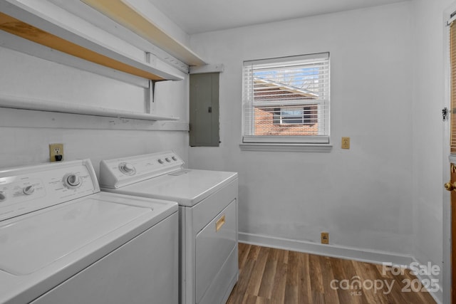 washroom with laundry area, electric panel, baseboards, dark wood finished floors, and separate washer and dryer