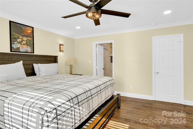 bedroom featuring hardwood / wood-style floors, ceiling fan, and crown molding