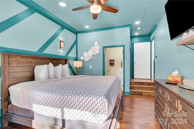 bedroom featuring dark hardwood / wood-style floors and ceiling fan