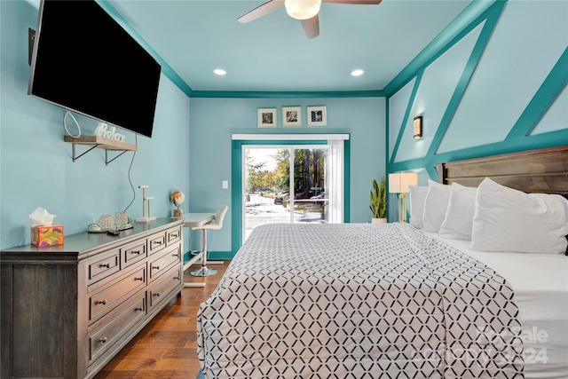 bedroom featuring dark hardwood / wood-style flooring, access to outside, ceiling fan, and crown molding